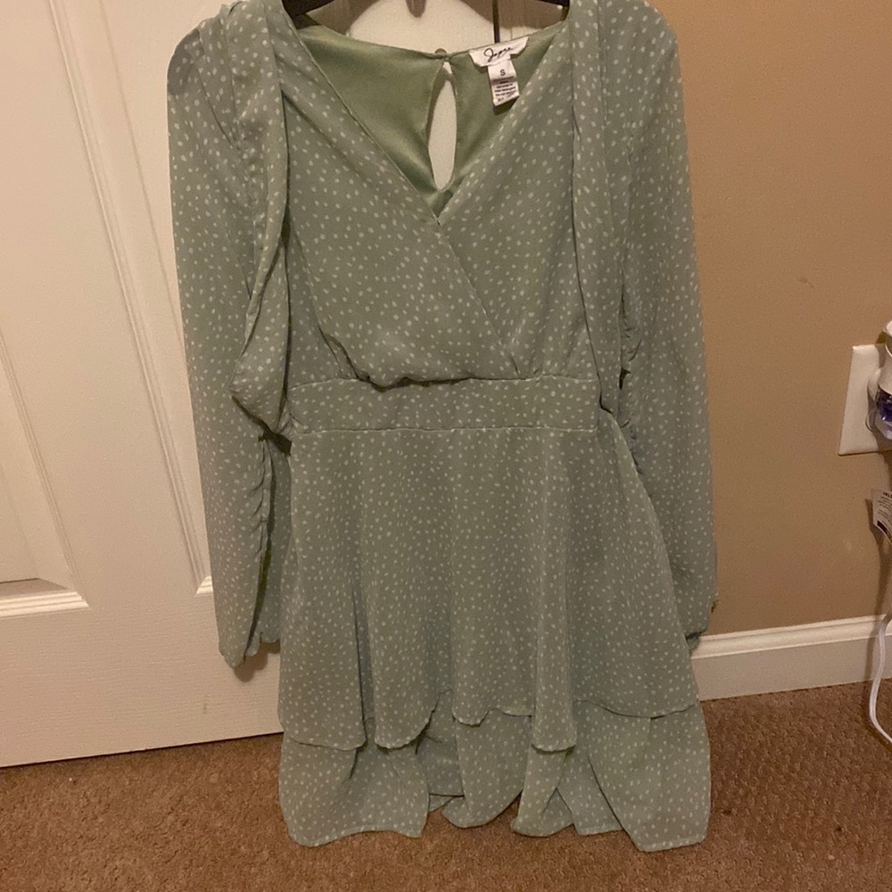 White polkadot sage green dress